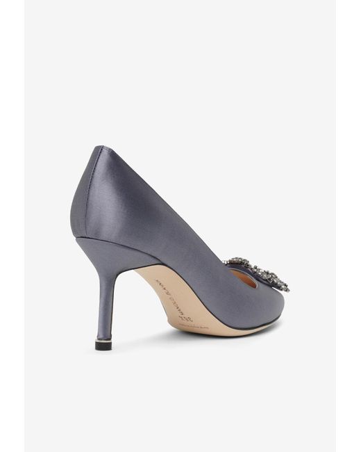 Manolo Blahnik White Hangisi 70 Crystal Buckle Satin Pumps