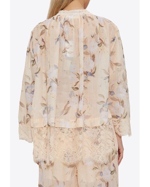 Zimmermann Natural Cascadian Lace-Trimmed Floral Blouse