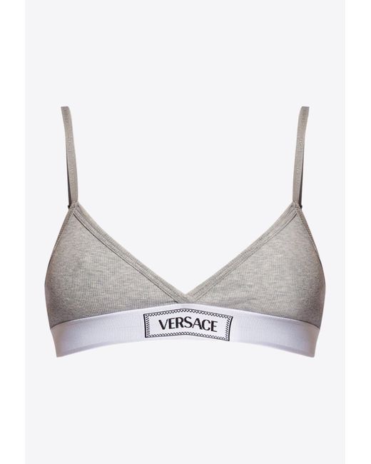 Versace Gray Logo-Embroidered Ribbed Bra