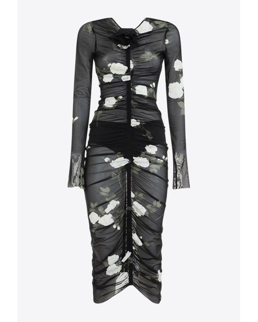 Magda Butrym Black Ruched Semi-Sheer Midi Dress