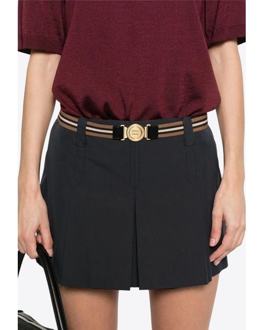 Miu Miu Blue Pleated Mini Skirt With Embroidered-Logo