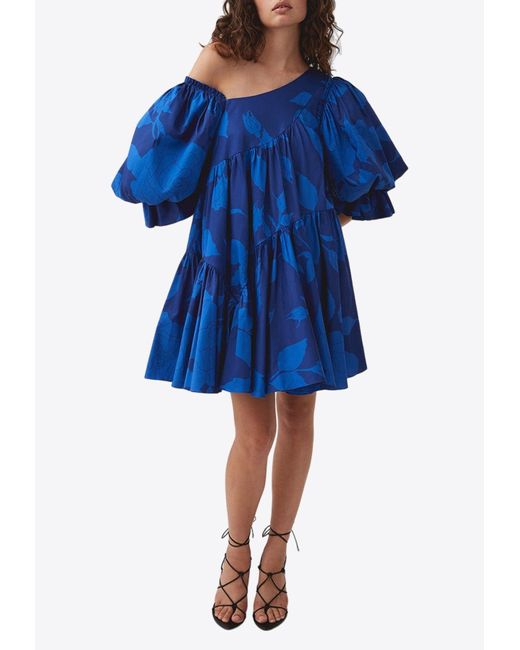 Aje. Blue Casabianca One-Shoulder Printed Mini Dress