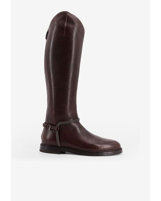 Brunello Cucinelli Brown Monili Embellished Knee-High Leather Boots