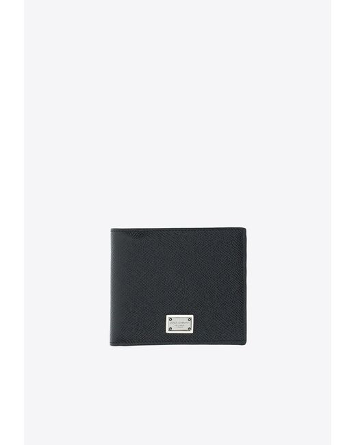 Dolce & Gabbana White Logo Plate Leather Bi-Fold Wallet for men