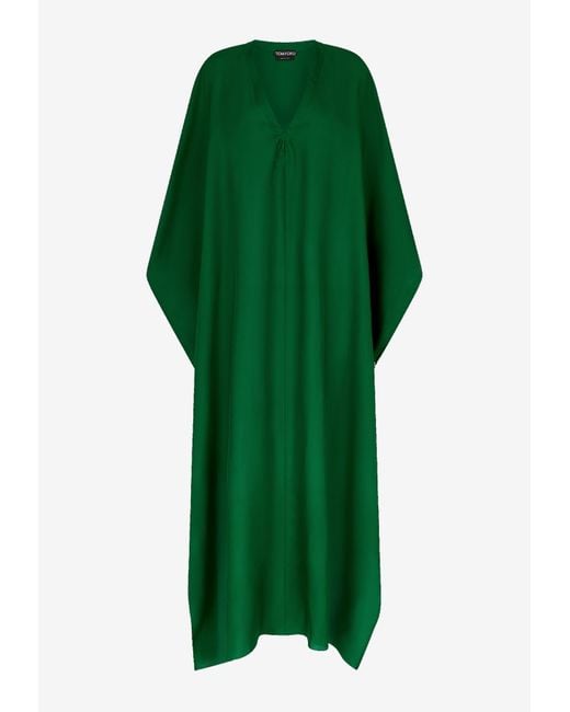 Tom Ford Green Deep V-Neck Maxi Silk Kaftan