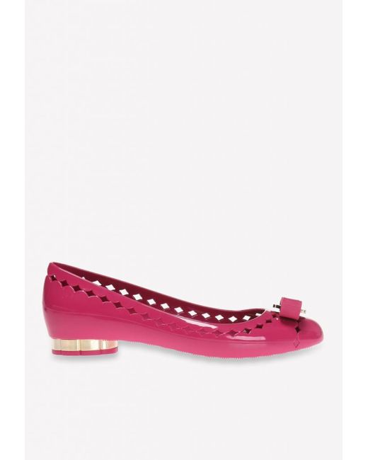 Ferragamo Pink Jelly Ballet Flats With Flower Heel