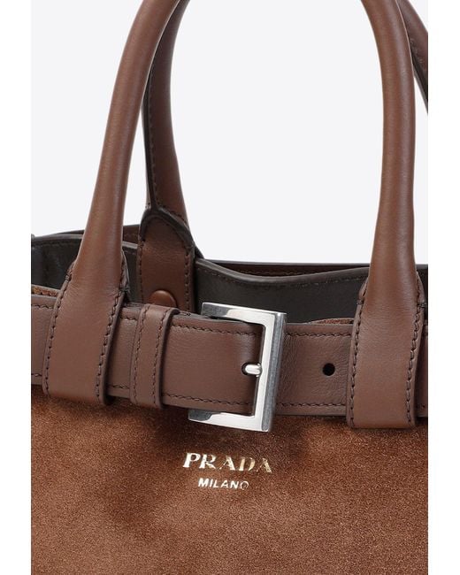 Prada Brown Large Buckle Calf Leather Top Handle Bag