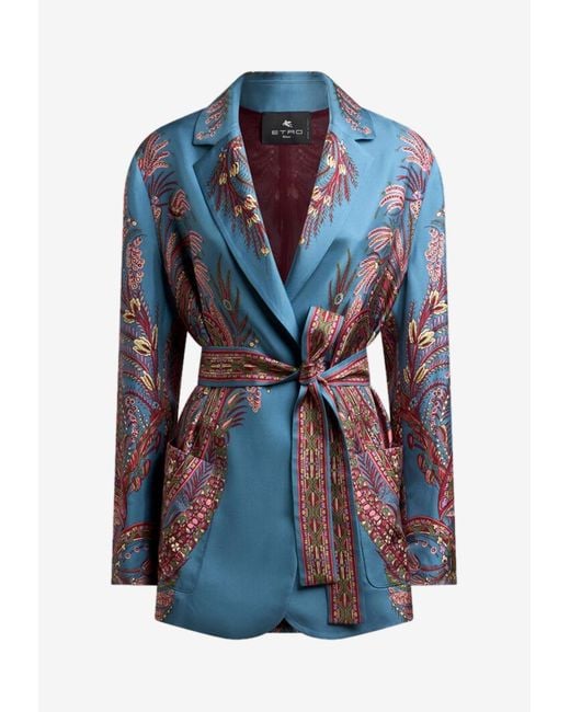Etro Blue Silk Twill Wraparound Jacket With Floral Paisley Print