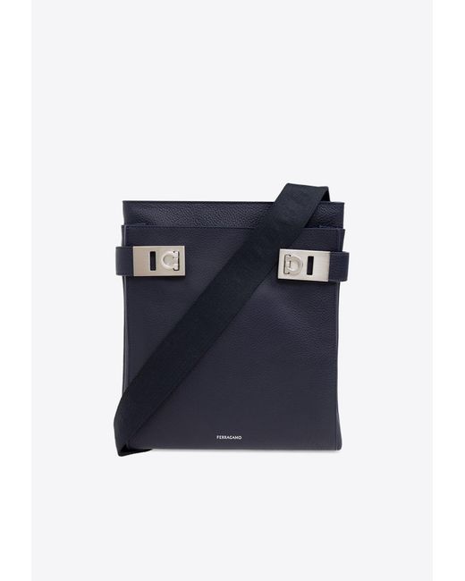 Ferragamo Blue Twins Gancini Buckle Messenger Bag for men