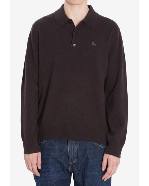 Burberry Black Embroidered Ekd Long-Sleeved Polo T-Shirt for men