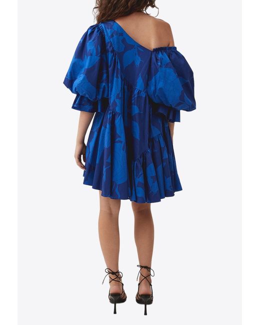 Aje. Blue Casabianca One-Shoulder Printed Mini Dress
