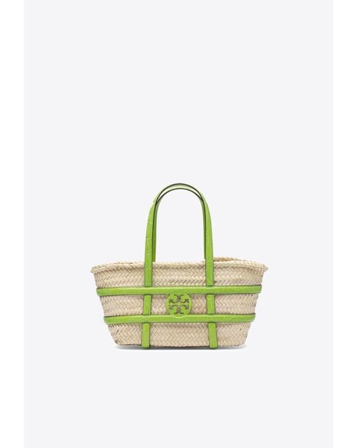 Tory Burch Green Small Ella Woven-Raffia Tote Bag