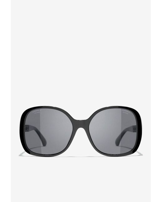 Chanel Gray Rectangular Sunglasses With Chain Detail