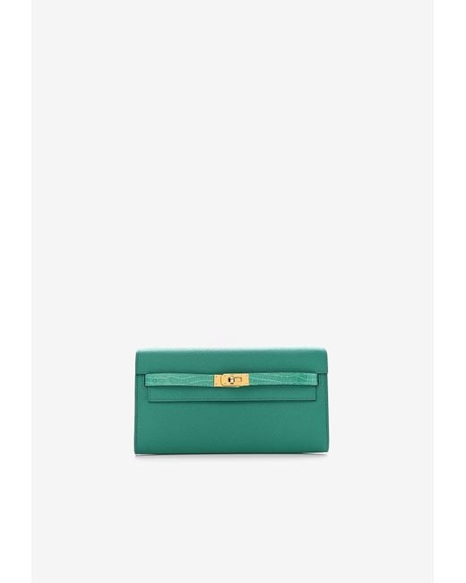 Hermès Green Kelly To Go Touch Wallet In Vert Jade Epsom And Shiny Alligator With Gold Hardware