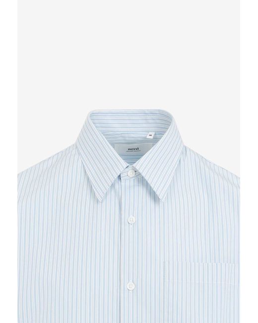 AMI Blue Logo-Embroidered Striped Shirt for men