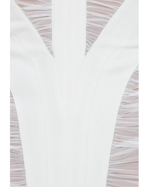 Mugler White Draped Mesh Panel Midi Dress