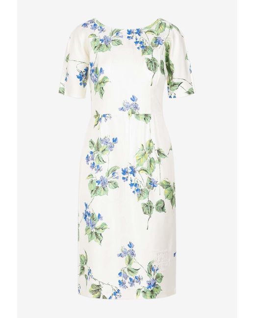 Prada White Short-Sleeved Floral Midi Dress
