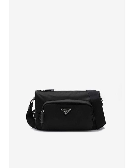 Prada Black Medium Re-Nylon Logo Messenger Bag for men