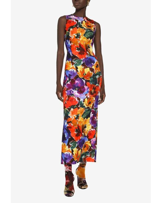 Dolce & Gabbana Red Sleeveless Abstract Flower-Print Midi Dress