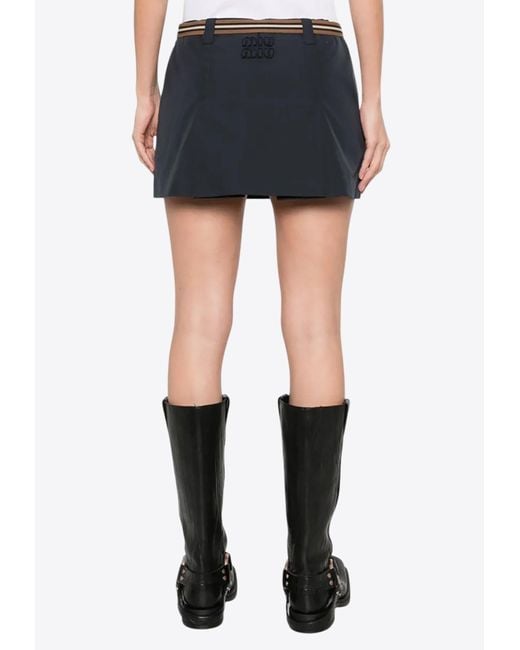 Miu Miu Blue Pleated Mini Skirt With Embroidered-Logo