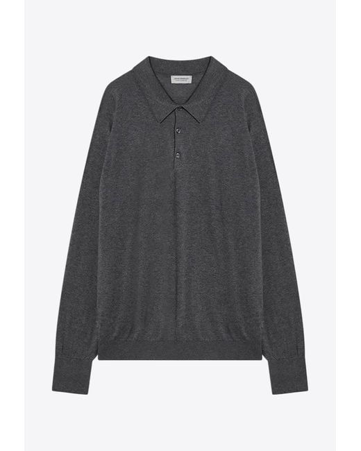 John Smedley Men's Gray Finchley Long-Sleeved Polo T-Shirt