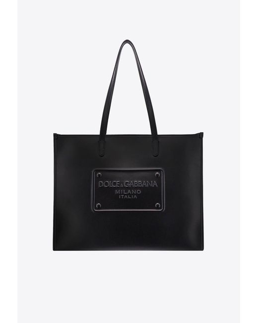 Dolce & Gabbana Black Logo Embossed Leather Tote Bag for men