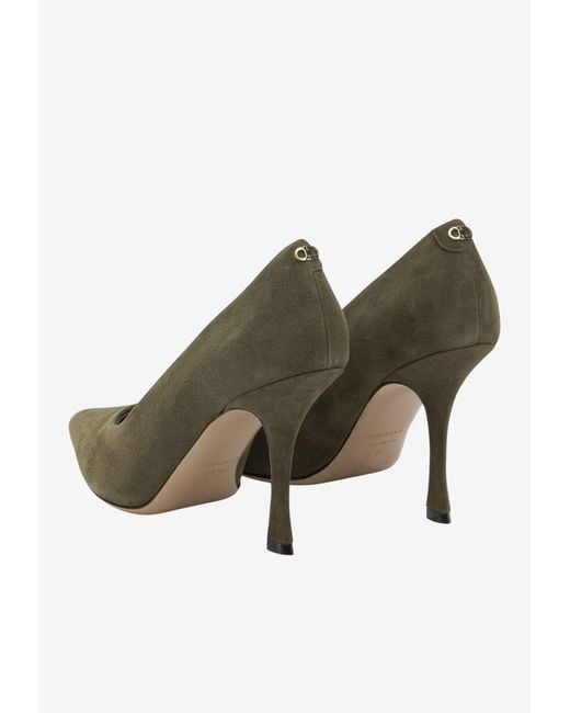 Ferragamo Green Elydea 95 Suede Pumps