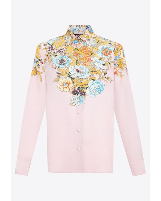 Etro Pink Floral Print Crepe De Chine Shirt