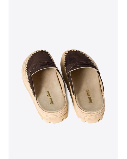 Miu Miu White Suede And Raffia Flat Mules