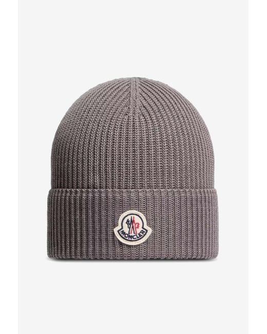 Moncler Gray Logo Patch Ribbed Beanie for men