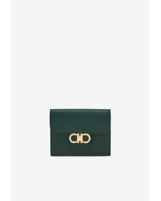 Ferragamo Green Gancini Grained Leather Compact Wallet