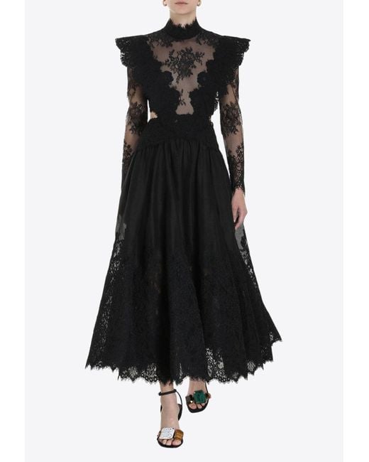 Zimmermann Black Sensory Open-back Appliquéd Lace Linen And Silk-blend Midi Dress