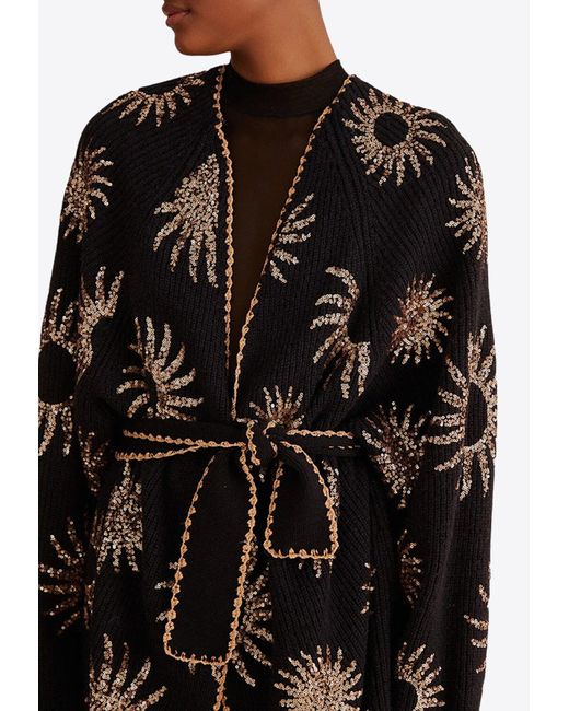 Farm Rio Black Sequin-Embroidered Belted Knit Sun Cardigan