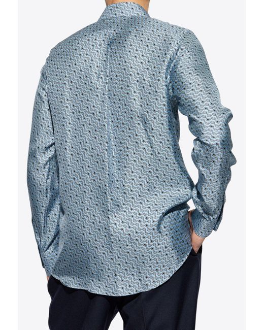 Dolce & Gabbana Blue Tie Print Button-Up Silk Shirt for men