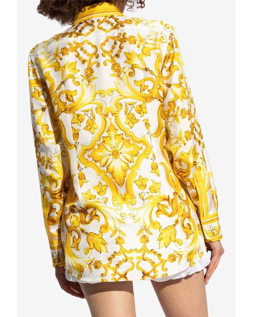 Dolce & Gabbana Yellow Majolica Print Long-Sleeved Silk Shirt