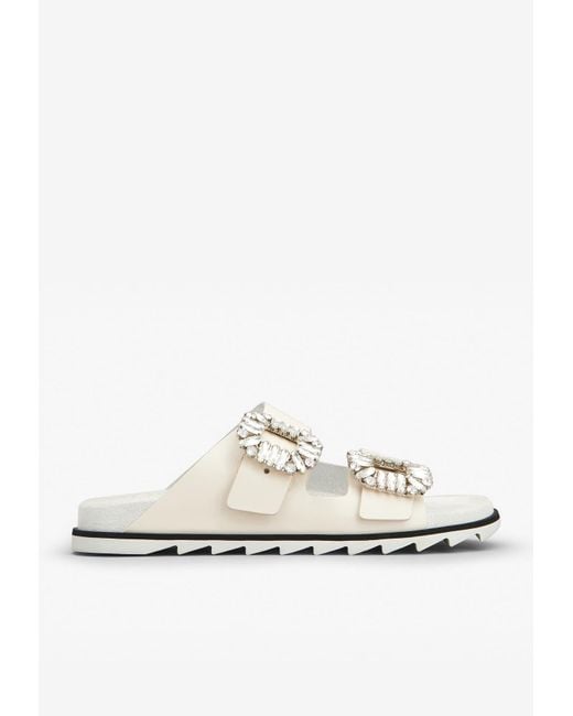 Roger Vivier White Slidy Viv' Crystal Buckle Leather Mules