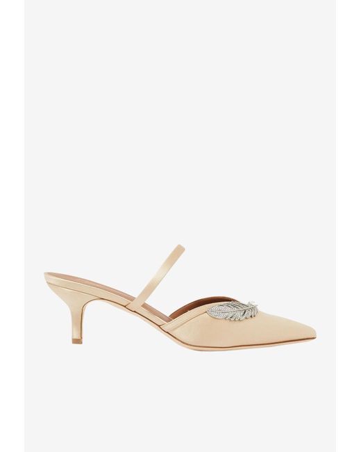 Malone Souliers Fara 45 Crystal Feather Satin Mules in Gold (Metallic ...