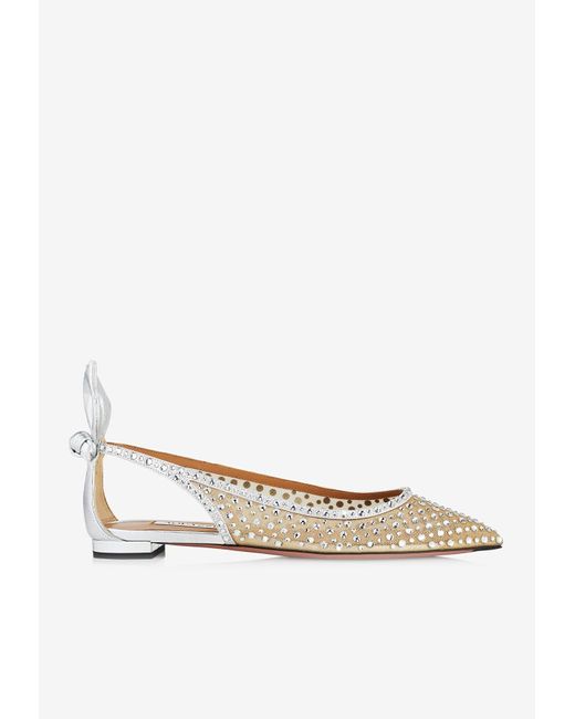 Aquazzura White Bow Tie Crystal Tulle Pointed-Toe Flats