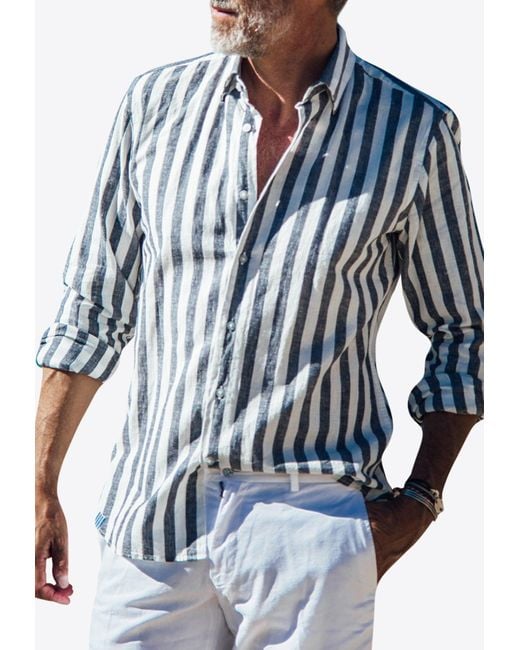 Les Canebiers Blue Divin Button-Up Stripe Shirt for men