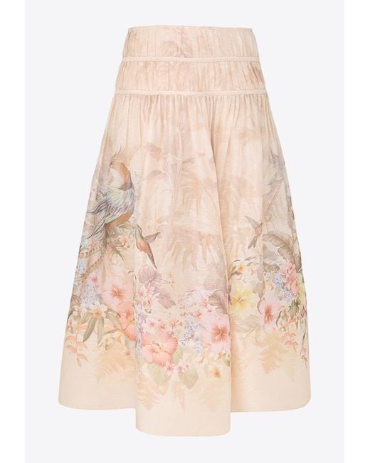 Zimmermann Natural Illuminate Drawn Printed Midi Skirt