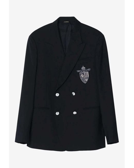 Fendi Blue Logo Patch Wool Double-Breasted Blazer for men