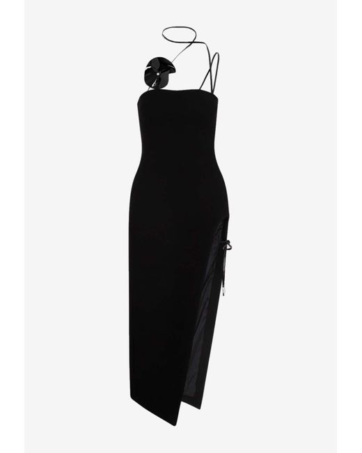 David Koma Black Floral Applique Asymmetric Midi Dress