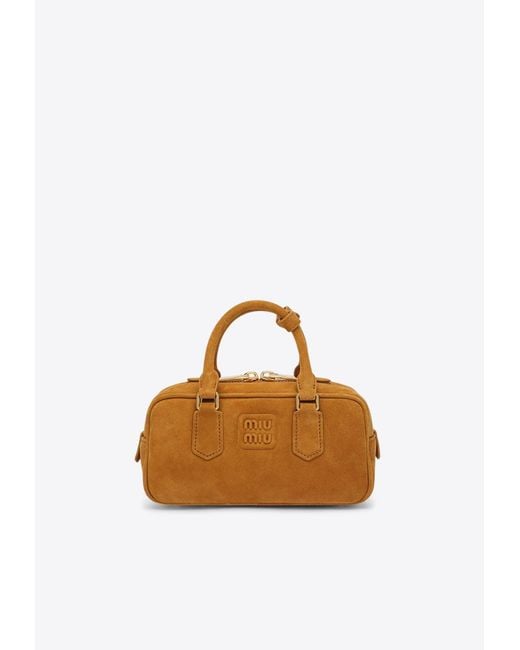 Miu Miu Natural Small Arcadie Suede Top Handle Bag