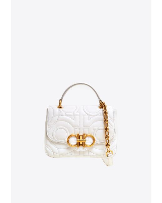 Ferragamo Quilted Gancini Top Handle Bag In Calf Leather in White
