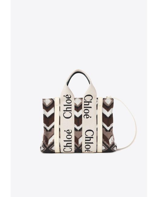 Chloé White Small Woody Chevron Knitted Tote Bag