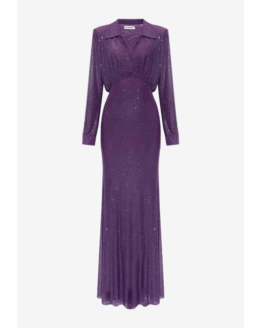 Self-Portrait Purple Crystal Mesh V-neck Maxi Dress