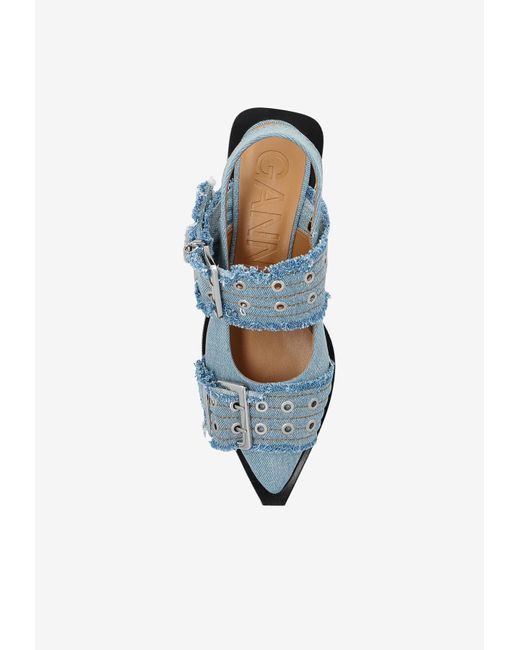 Ganni Blue Buckled Pointed-Toe Denim Flats