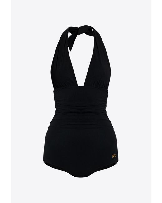 Dolce & Gabbana Black Halterneck Ruched One-Piece Swimsuit