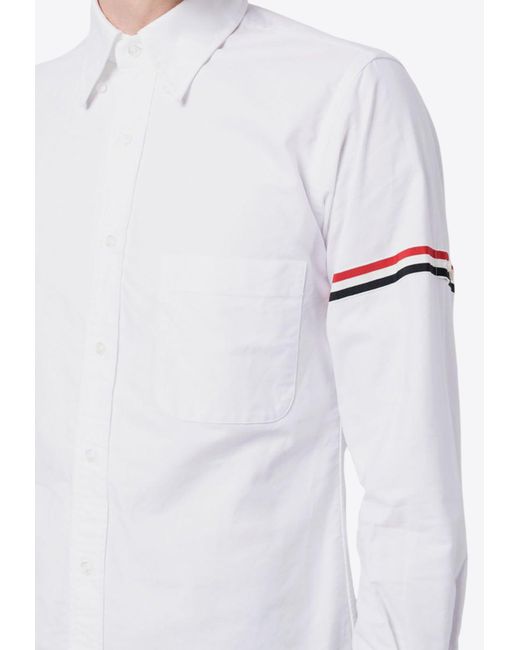 Thom Browne White Signature Stripes Long-Sleeved Oxford Shirt for men
