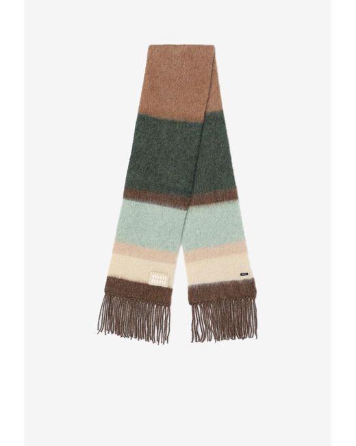 Miu Miu Green Striped Fringed Wool Scarf
